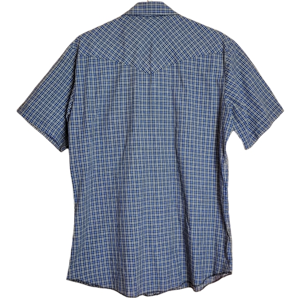 Mens Wrangler Blue Plaid Short Sleeve Pearl Snap Button Down M - Picture 4 of 6